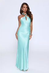 Rule Her World Halter Satin Maxi Dress Aqua
