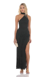 Mesh Halter Scarf Maxi Dress In Black