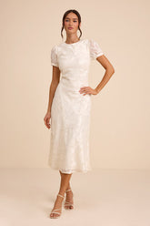 Bridget Ivory Floral Jacquard Puff Sleeve Midi Dress