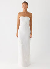 Sassafras Beaded Flower Strapless Maxi Dress - White
