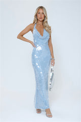 Oceanic Sequin Halter Maxi Dress Blue