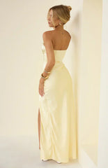 Sasha Yellow Ruched Twist Satin Maxi Dress