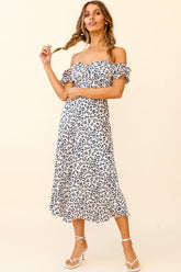 Linka Off-Shoulder Tie Back Midi Dress Leopard Print Pink