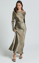 Arriana Midi Dress - Long Sleeve Cowl Back Satin Dress in Dark Olive