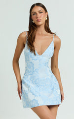 Gianni Mini Dress - Plunge A Line Low Back Dress in Light Blue