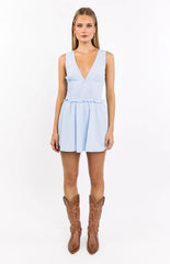 Juna Light Blue Stripe Shirred Mini Dress