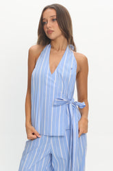 Teela Halter Wrap Top Stripe Blue