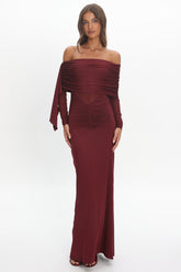 Marlowe Off-Shoulder Sheer Waist Maxi Dress Wine
