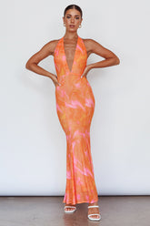 Mayah Halterneck Maxi Dress Printed Orange
