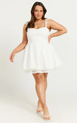Adalee Mini Dress - Sleeveless Ruched Bodice Lace Trim Dress in Off White