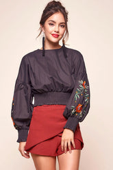Halle Floral Puff Sleeved Cropped Top Black