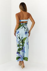 Tropical Escape Strapless Satin Maxi Dress Blue