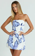 Catharine Mini Dress - Strapless A Line Dress In Blue Floral