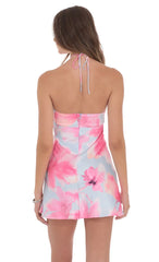 Floral Satin Halter Dress in Pink and Blue